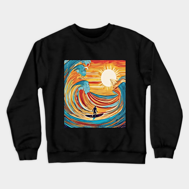 Surfer Riding the Waves in a Mesmerizing Sunlit Painting Crewneck Sweatshirt by Fadedstar